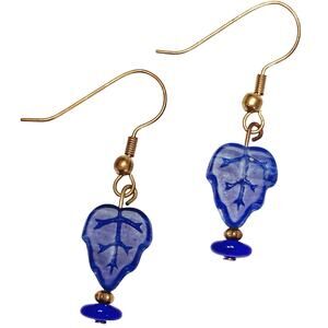 Colbalt Blue Glass Leaf Dangle Earrings Cute Boho Botanical Gold Tone Hooks